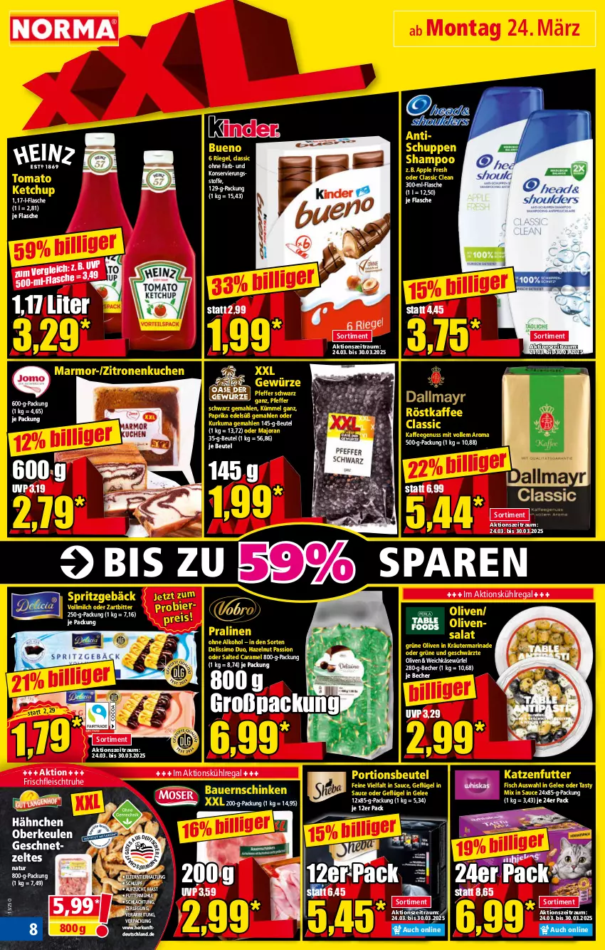 Aktueller Prospekt Norma - Norma - von 24.03 bis 31.03.2025 - strona 8 - produkty: alkohol, Apple, auer, Bau, Bauer, Bauernschinken, Becher, beutel, bier, caramel, eis, fisch, flasche, fleisch, Geflügel, gelee, geschnetzeltes, gewürz, grüne oliven, kaffee, kaffeegenuss, Käse, katzenfutter, ketchup, kräuter, kuchen, kühlregal, marinade, milch, natur, nuss, ohne alkohol, olive, oliven, paprika, pfeffer, portionsbeutel, pralinen, regal, reis, riegel, röstkaffee, salat, sauce, schinken, shampoo, sim, Spritzgebäck, Ti, tisch, tomato ketchup, vollmilch, weichkäse, würfel, Zelt, zitrone, zitronen, ZTE