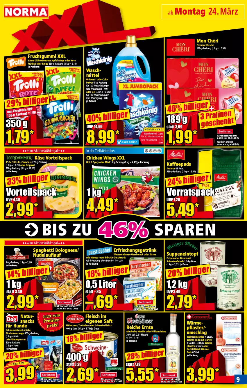 Aktueller Prospekt Norma - Norma - von 24.03 bis 31.03.2025 - strona 9 - produkty: apfel, aust, bier, bolognese, Cap, caractère, chicken wings, eintopf, eis, eistee, elle, erbsen, erfrischungsgetränk, flasche, fleisch, frucht, früchte, fruchtgummi, getränk, gin, kaffee, kaffeepads, Käse, kirsch, kirsche, kühlregal, linsen, mac, mango, melone, melonen, Mon Chéri, natur, nudel, pfirsich, pflaster, pralinen, regal, reis, rind, rinder, ring, saft, schwein, schweine, schweinefleisch, snack, snacks, spaghetti, spaghetti bolognese, suppe, suppen, tee, Ti, topf, truthahn, waschmittel, wasser, wassermelone, wassermelonen, wein, weine