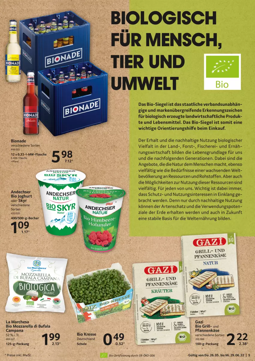 Aktueller Prospekt Selgros - Nachhaltigkeit - von 27.05 bis 29.06.2022 - strona 5 - produkty: angebot, angebote, Becher, beere, bio, bionade, di bufala, eis, erde, fisch, fische, Fischer, flasche, grill, gsw, himbeer, himbeere, Käse, lebensmittel, LG, mac, mozzarella, mw-flasche, natur, pfanne, pfannen, pfannenkäse, reifen, reis, rel, rwe, Schal, Schale, Schere, Skyr, Ti