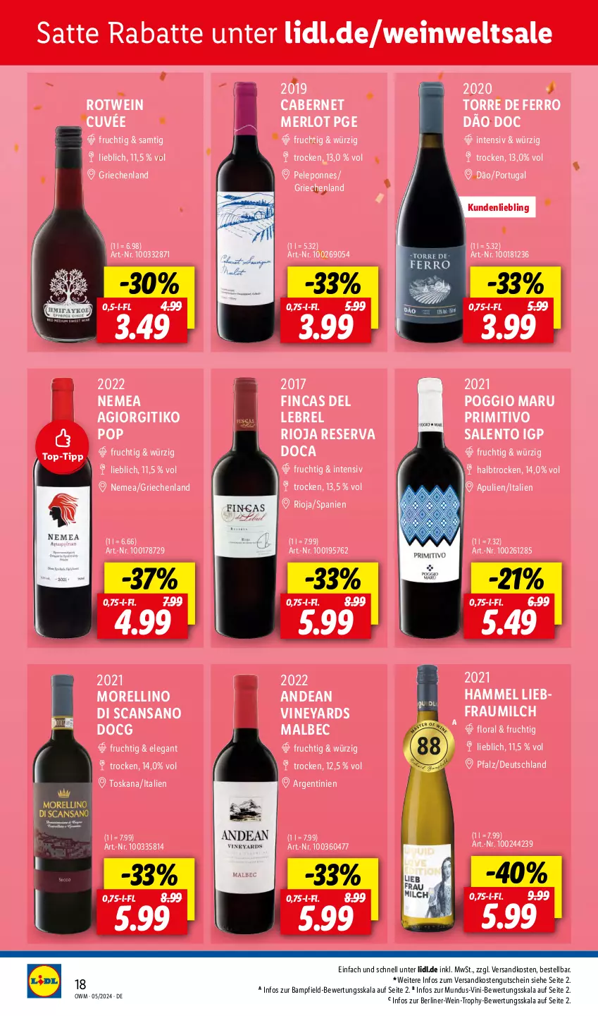 Aktueller Prospekt Lidl - Highlights in der Weinwelt - von 01.05 bis 31.05.2024 - strona 18 - produkty: berliner, cabernet, cuvée, frucht, gutschein, merl, merlot, milch, Morelli, ndk, primitivo, rel, rioja, rotwein, Ti, wein