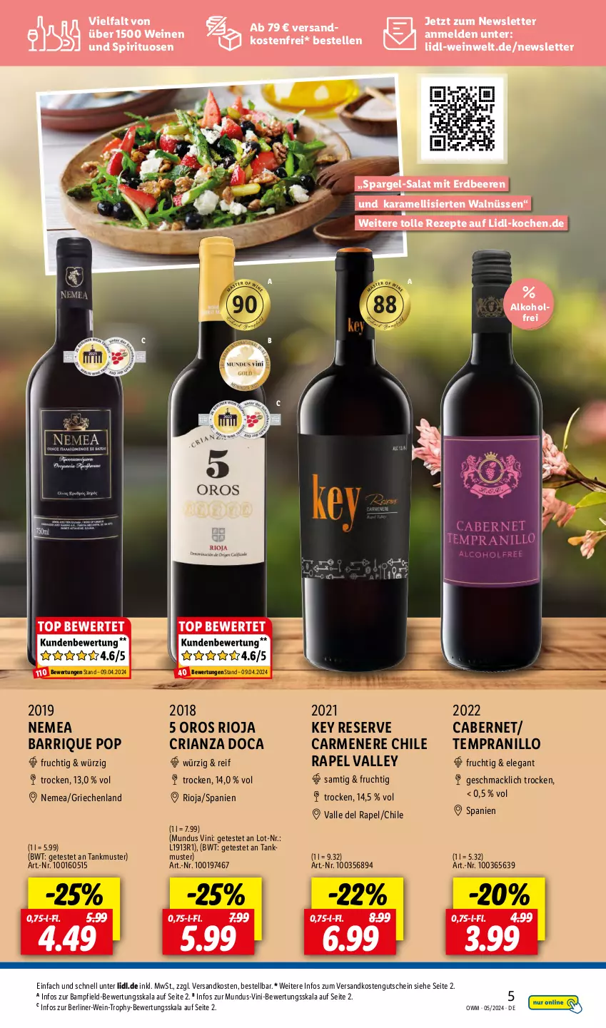 Aktueller Prospekt Lidl - Highlights in der Weinwelt - von 01.05 bis 31.05.2024 - strona 5 - produkty: alkohol, beere, beeren, berliner, cabernet, elle, erdbeere, erdbeeren, flasche, frucht, gutschein, karamell, mac, ndk, rezept, rezepte, Ria, rioja, salat, spargel, spirituosen, tempranillo, Ti, versandkostenfrei, wein, weine