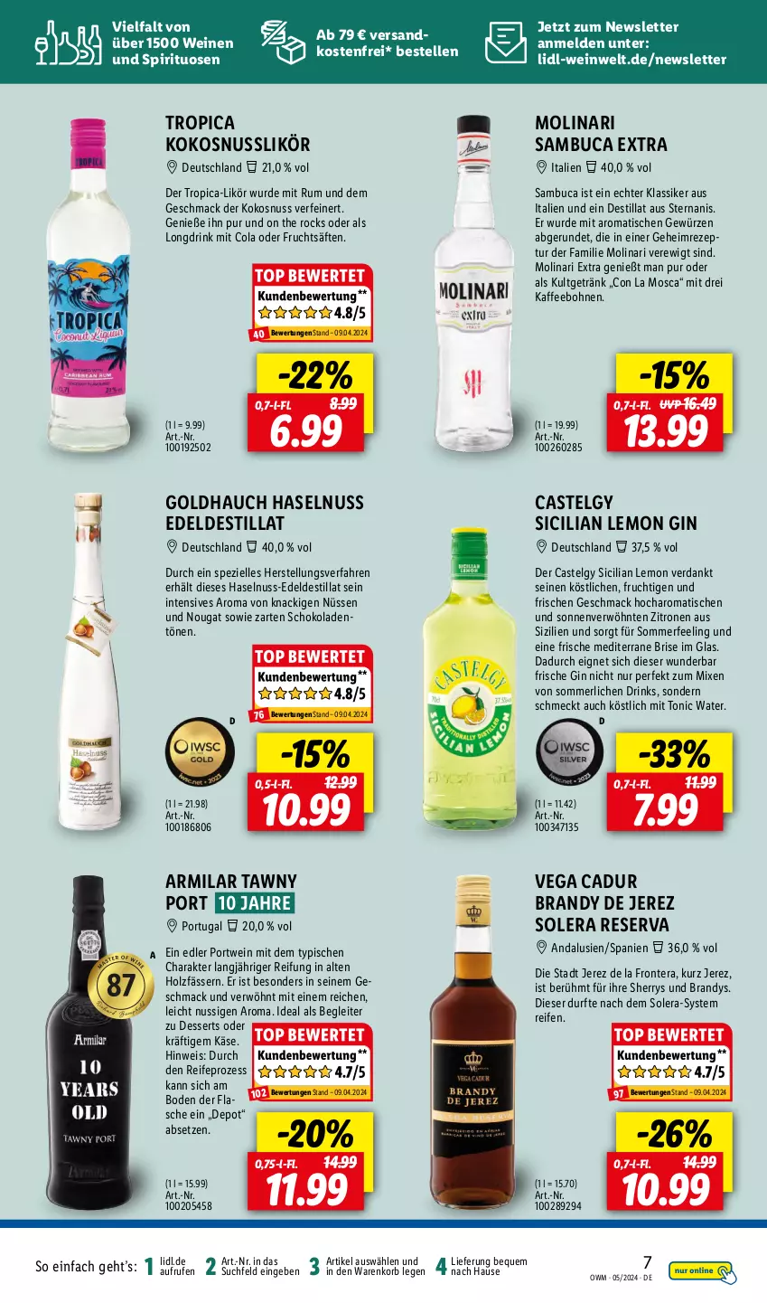 Aktueller Prospekt Lidl - Highlights in der Weinwelt - von 01.05 bis 31.05.2024 - strona 7 - produkty: bohne, bohnen, cola, dessert, desserts, drink, drinks, eis, elle, frucht, fruchtsäfte, getränk, gewürz, gin, haselnuss, Holz, kaffee, kaffeebohnen, Käse, kokos, kokosnuss, korb, LG, likör, mac, merl, Molinari, ndk, nuss, Portwein, reifen, rezept, rum, säfte, sambuca, schoko, schokolade, schokoladen, Spezi, spirituosen, Tawny Port, Ti, tisch, tonic, tonic water, versandkostenfrei, wein, weine, zitrone, zitronen