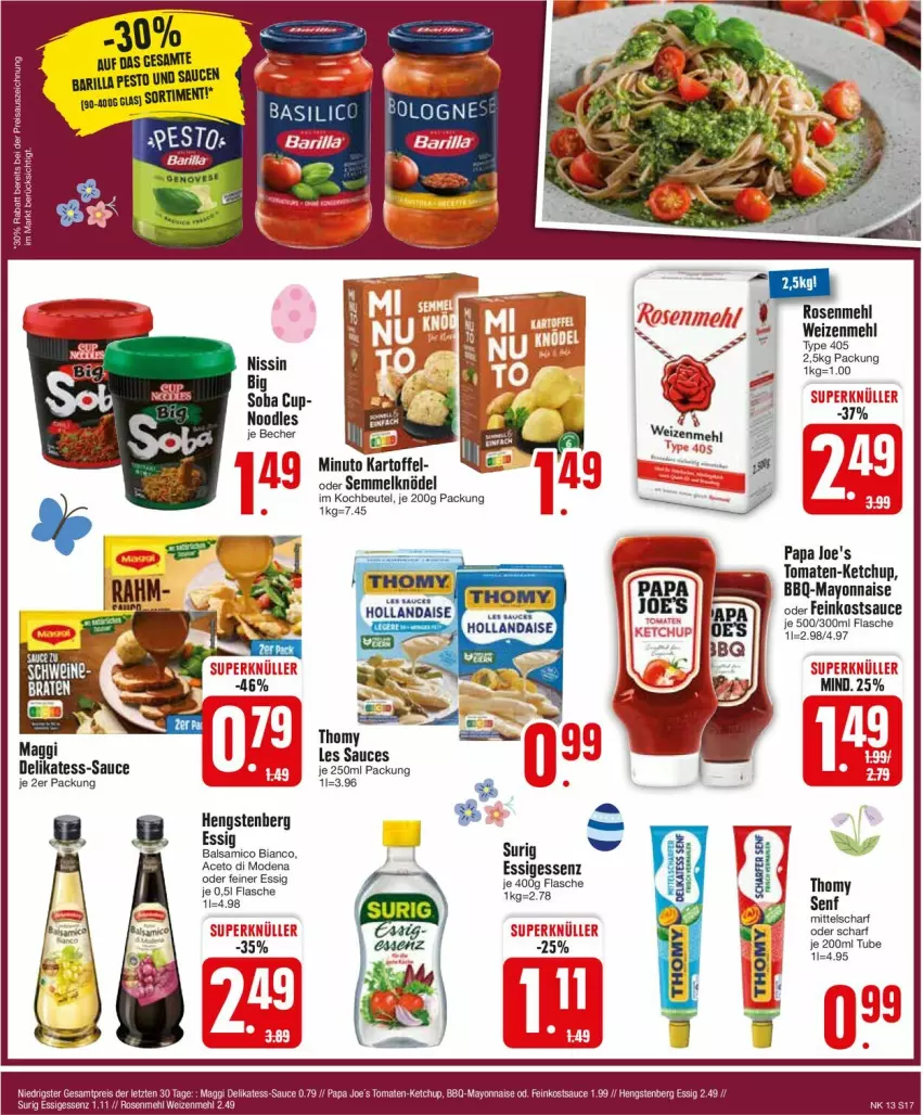 Aktueller Prospekt Edeka - Prospekte - von 25.03 bis 30.03.2024 - strona 19 - produkty: aceto, barilla, Becher, beutel, essig, feinkost, flasche, hengstenberg, kartoffel, ketchup, Knödel, kochbeutel, mayonnaise, mehl, Mode, Papa Joe's, pesto, rosen, Rosenmehl, sauce, Semmel, Semmelknödel, senf, thomy, Ti, tomate, tomaten, weizenmehl, Yo