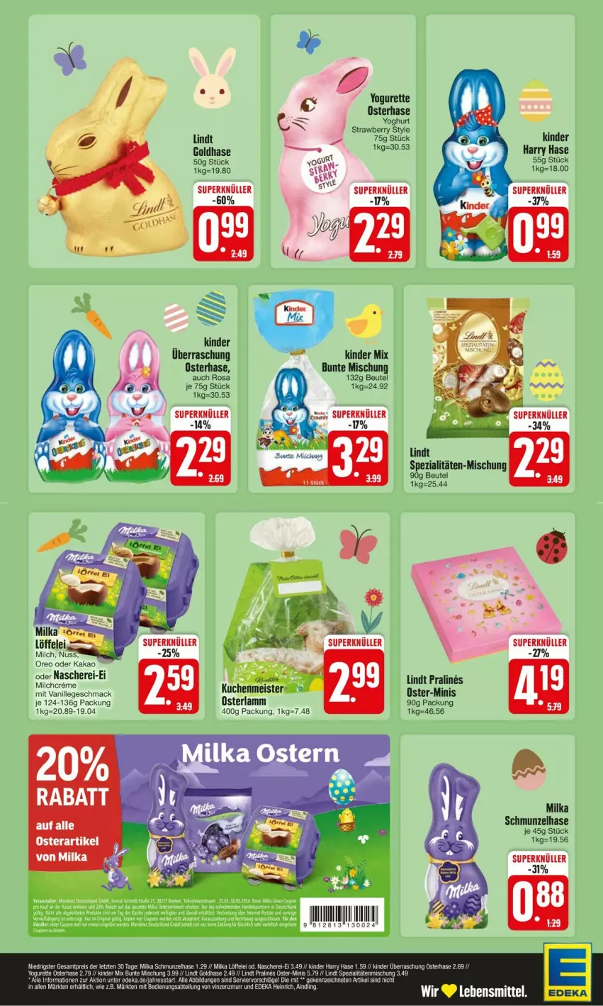 Aktueller Prospekt Edeka - Prospekte - von 25.03 bis 30.03.2024 - strona 2 - produkty: beutel, creme, Kinder, lamm, lebensmittel, lindt, mac, milch, milka, Schere, Spezi, Ti, vanille, Yo, yoghurt, yogurette