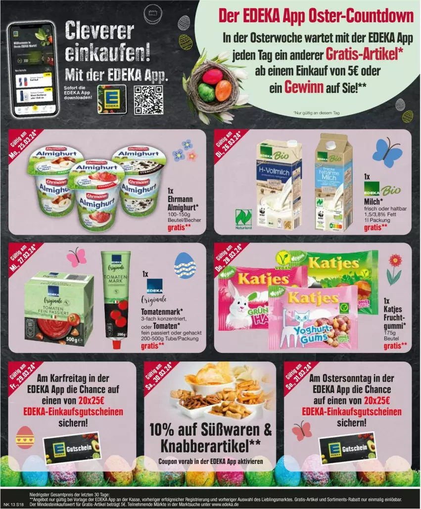 Aktueller Prospekt Edeka - Prospekte - von 25.03 bis 30.03.2024 - strona 20 - produkty: almighur, almighurt, beutel, coupon, deka, ehrmann, frucht, gin, katjes, milch, Ti, tomate, tomaten, tomatenmark