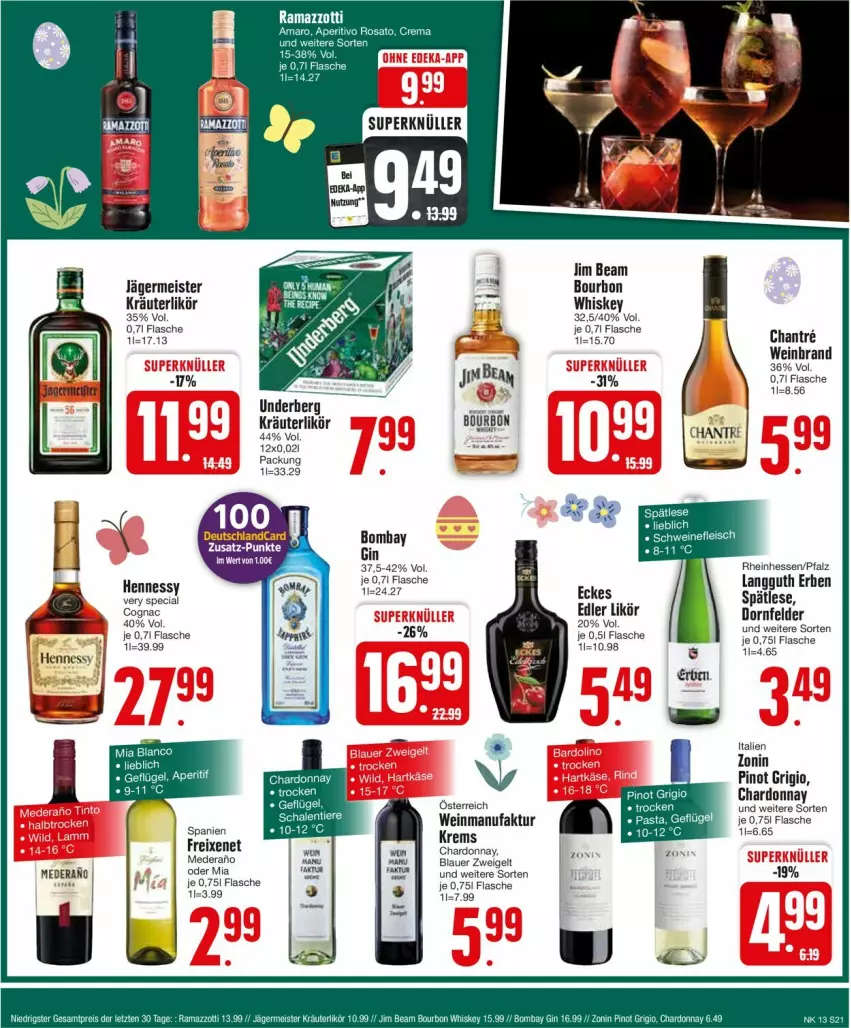 Aktueller Prospekt Edeka - Prospekte - von 25.03 bis 30.03.2024 - strona 23 - produkty: auer, blauer zweigelt, bourbon, bourbon whiskey, chardonnay, Cognac, deka, dornfelder, eier, eis, elle, Faktu, flasche, freixenet, Germ, jägermeister, jim beam, kräuter, kräuterlikör, likör, Meister, Pinot, pinot grigio, tee, Ti, Tiere, underberg, wein, weinbrand, whiskey, zonin, Zweigelt