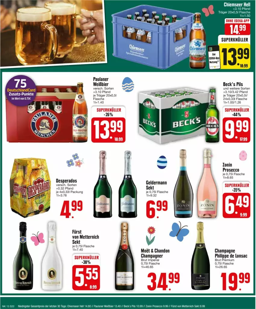 Aktueller Prospekt Edeka - Prospekte - von 25.03 bis 30.03.2024 - strona 24 - produkty: beck's, bier, brut, champagne, champagner, desperados, ecco, flasche, fürst von metternich, geldermann, Mett, metternich, Paula, paulaner, pils, prosecco, Ria, sac, sekt, zonin