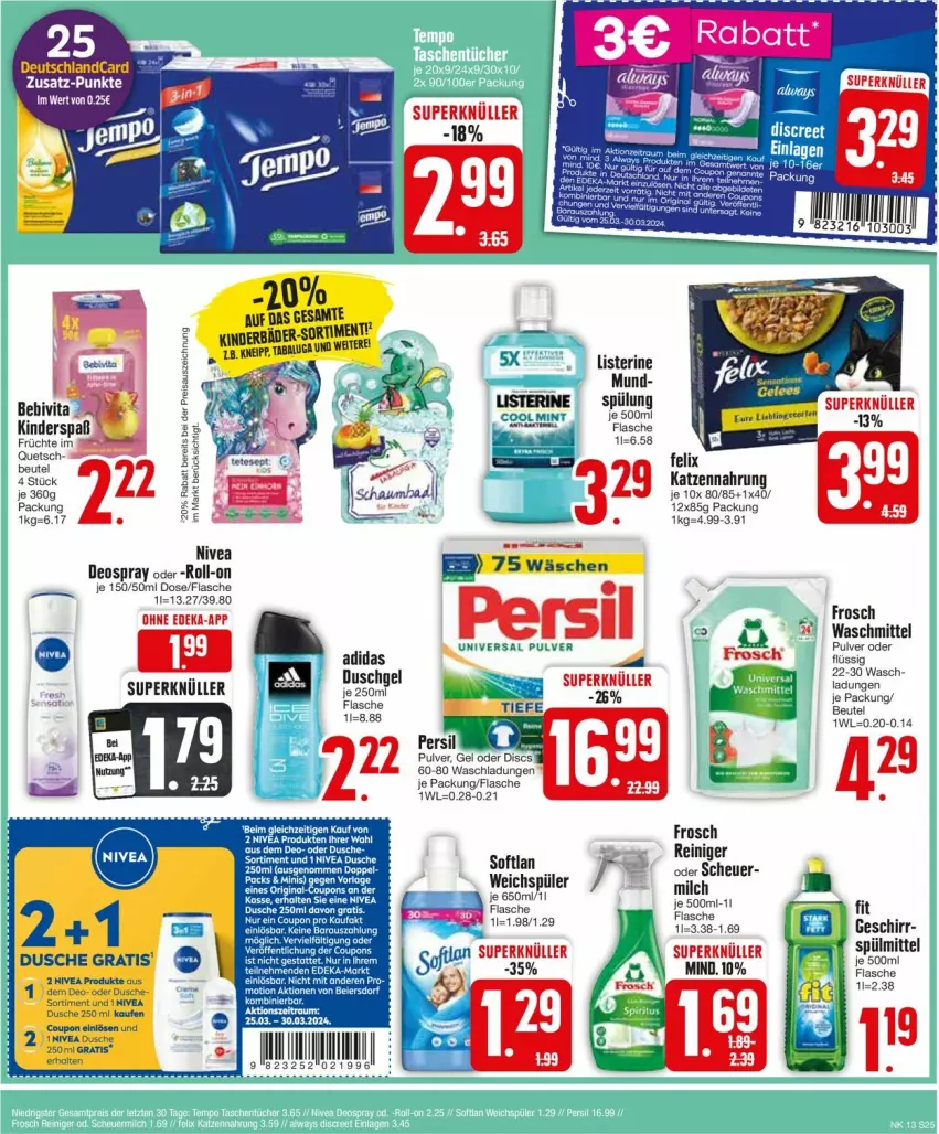 Aktueller Prospekt Edeka - Prospekte - von 25.03 bis 30.03.2024 - strona 27 - produkty: beutel, coupon, coupons, deka, deo, deospray, deutschlandcard, dusche, eier, felix, flasche, Frosch, geschirr, Heu, katzennahrung, Kinder, listerine, milch, mint, nivea, reiniger, roll-on, Softlan, spülmittel, spülung, Ti, waschmittel, weichspüler