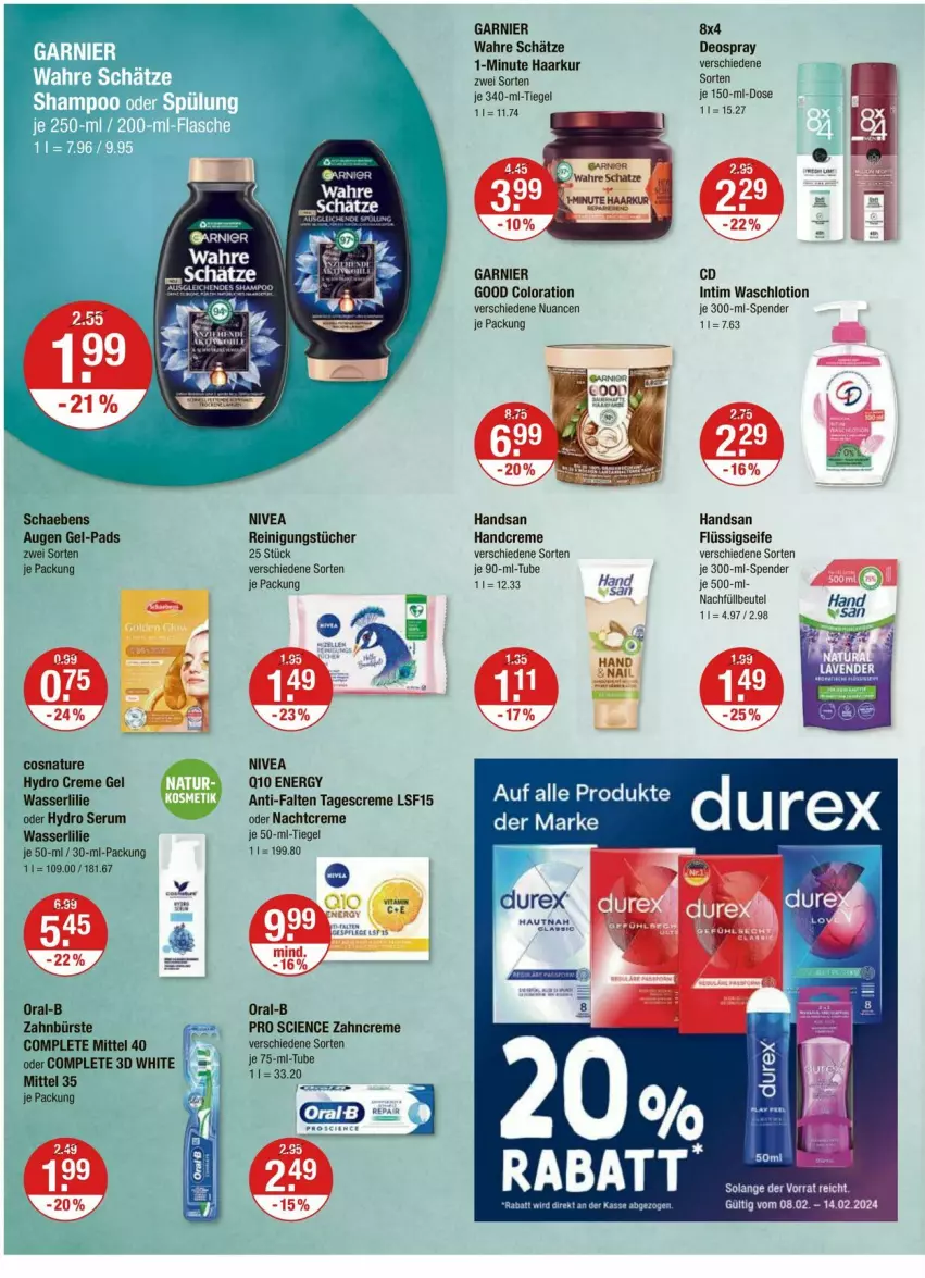 Aktueller Prospekt Vmarkt - Prospekte - von 08.02 bis 14.02.2024 - strona 12 - produkty: beutel, bürste, Cien, creme, Creme gel, deo, deospray, flüssigseife, garnier, handcreme, Lotion, nachtcreme, natur, nivea, Nuance, oral-b, Reinigung, reinigungstücher, rum, Schaebens, Seife, Serum, tagescreme, Ti, tücher, Wahre Schätze, Waschlotion, wasser, zahnbürste, zahncreme