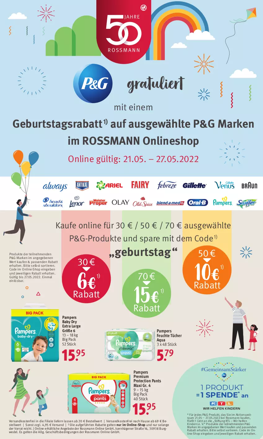 Aktueller Prospekt Rossmann - Prospekte - von 21.05 bis 27.05.2022 - strona 1 - produkty: angebot, angebote, aqua, feuchte tücher, Kinder, LG, ndk, pampers, pampers baby dry, Pants, Ti, Tiere, tücher, versandkostenfrei, wedel