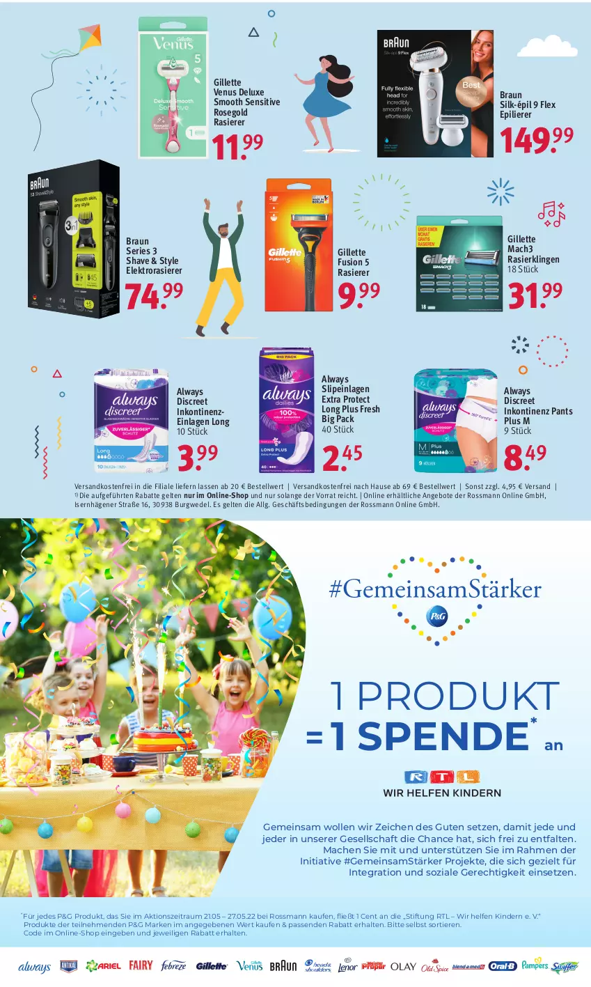 Aktueller Prospekt Rossmann - Prospekte - von 21.05 bis 27.05.2022 - strona 3 - produkty: Alwa, Always, angebot, angebote, braun, Discreet, Elektro, epilierer, gillette, gillette venus, Kinder, LG, mac, mach3, ndk, Pants, rasierer, Rasierklinge, rasierklingen, slip, slipeinlagen, Ti, Tiere, venus, versandkostenfrei, wedel, wolle