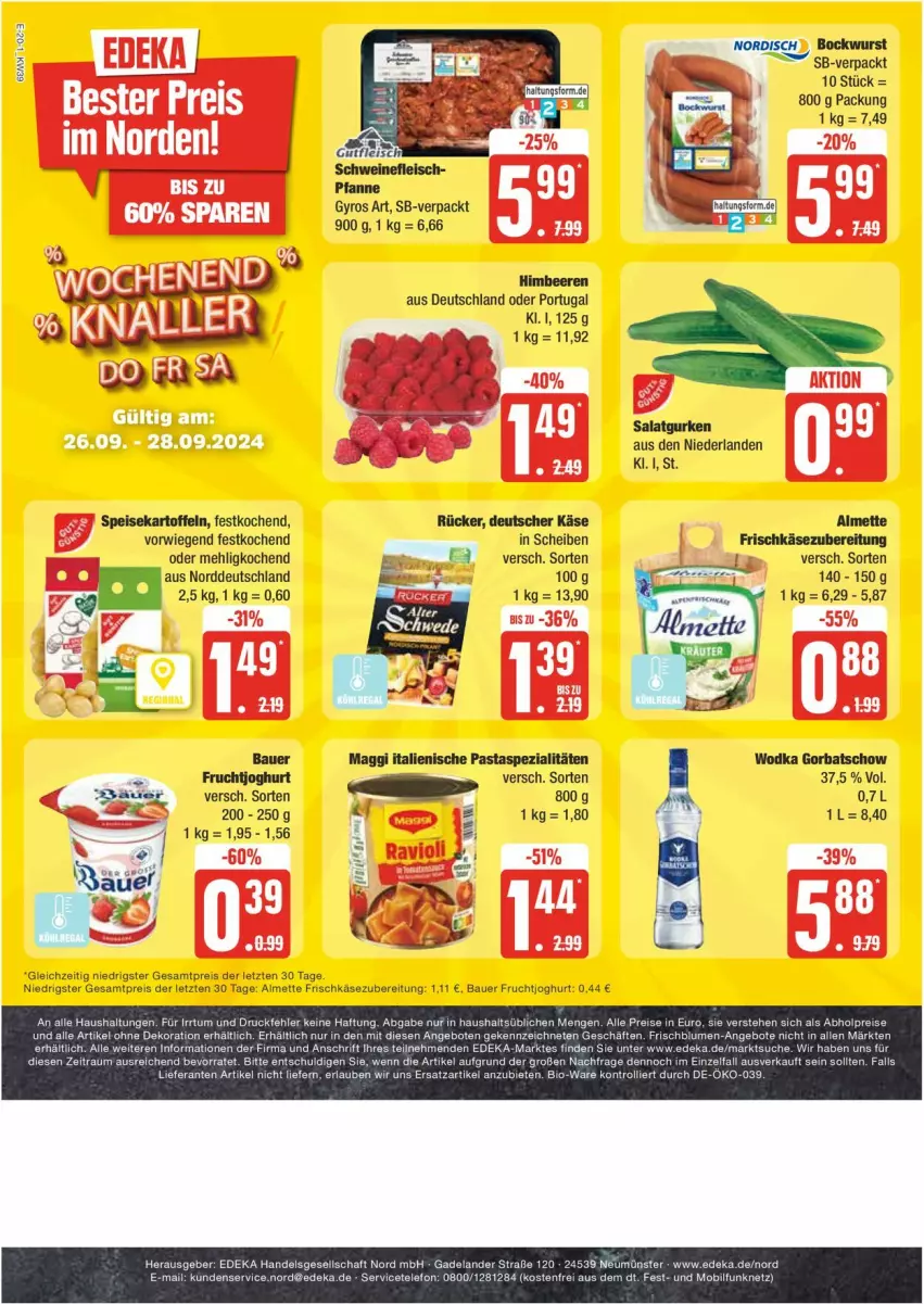 Aktueller Prospekt Edeka - Prospekte - von 23.09 bis 28.09.2024 - strona 20 - produkty: almette, auer, Bau, Bauer, beere, beeren, eis, frischkäse, frischkäsezubereitung, frucht, fruchtjoghurt, Gorbatschow, gurke, gurken, himbeer, himbeere, himbeeren, italienische pasta, joghur, joghurt, kartoffel, kartoffeln, Käse, maggi, mehl, Mett, pasta, reis, salat, Salatgurke, salatgurken, speisekartoffeln, Spezi, Ti, wodka, ZTE