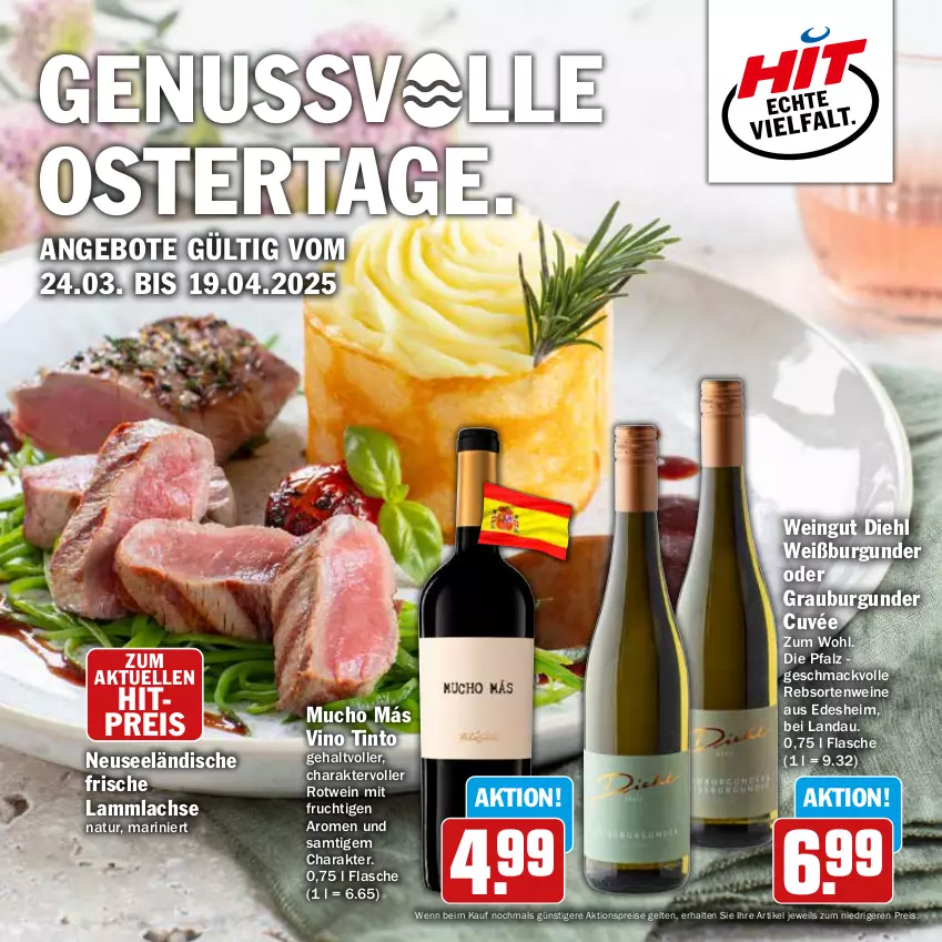 Aktueller Prospekt Hit - Feinkostbroschüre - von 24.03 bis 19.04.2025 - strona 1 - produkty: aktionspreis, angebot, angebote, burgunder, cuvée, eis, elle, flasche, frucht, grauburgunder, lachs, lamm, lammlachse, mac, mit frucht, natur, nuss, rebsortenweine, reis, rotwein, Ti, wein, weine, Weißburgunder