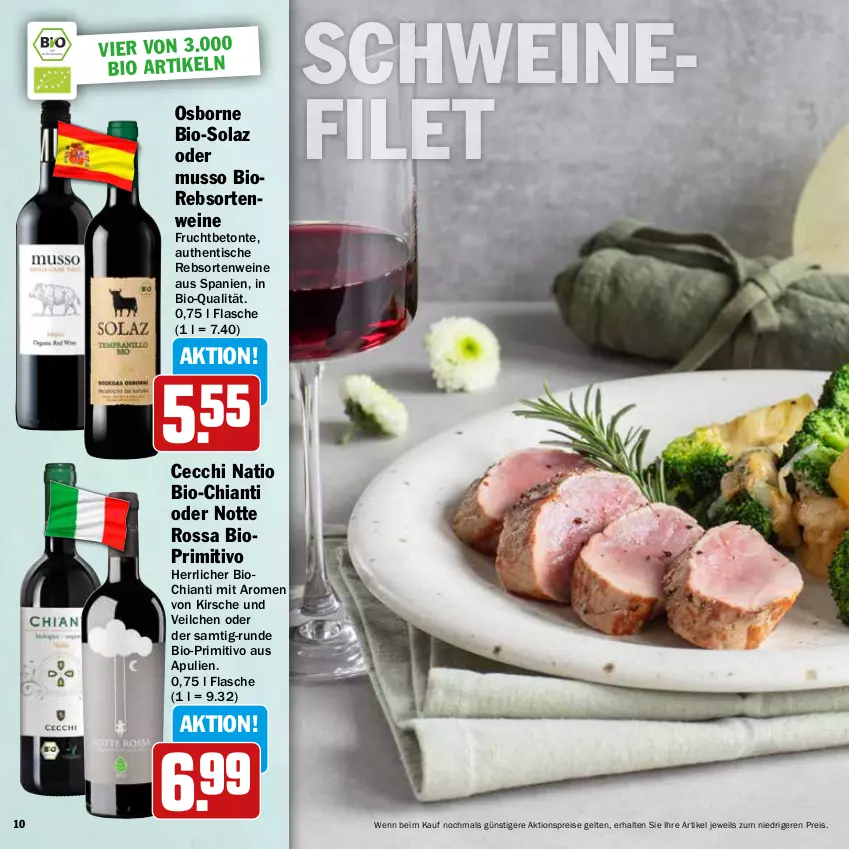 Aktueller Prospekt Hit - Feinkostbroschüre - von 24.03 bis 19.04.2025 - strona 10 - produkty: aktionspreis, bio, chia, chianti, eis, filet, flasche, frucht, kirsch, kirsche, olaz, osborne, primitivo, rebsortenweine, reis, schwein, schweine, schweinefilet, Ti, tisch, wein, weine