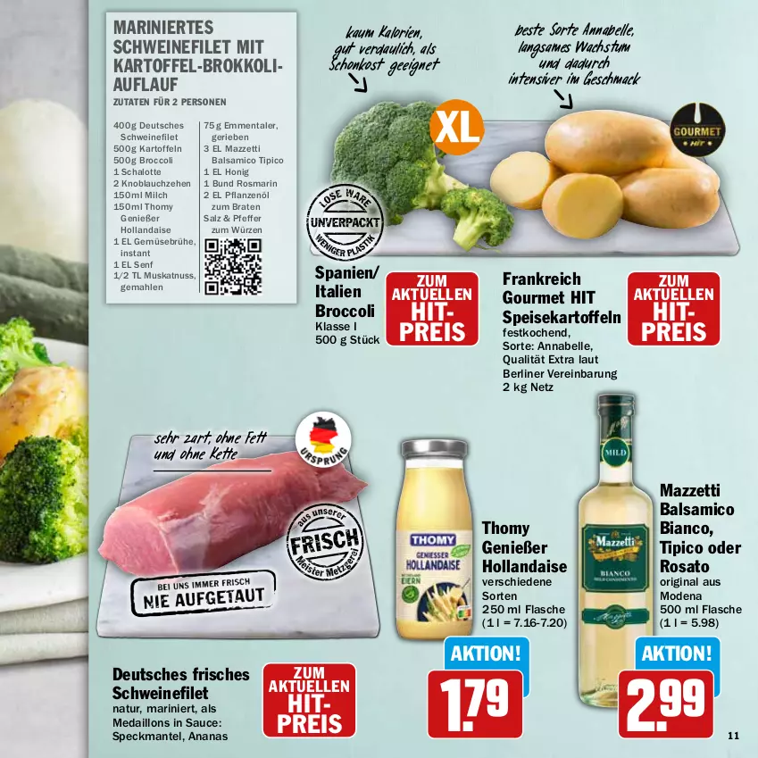 Aktueller Prospekt Hit - Feinkostbroschüre - von 24.03 bis 19.04.2025 - strona 11 - produkty: ananas, balsam, balsamico, balsamico bianco, berliner, braten, broccoli, brokkoli, Brühe, eis, elle, emmentaler, filet, flasche, Gemüsebrühe, gin, hollandaise, honig, kartoffel, kartoffeln, Kette, knoblauch, mac, Mantel, medaillons, milch, Mode, Muskatnuss, nuss, pfeffer, pflanze, pflanzen, Pflanzenöl, reis, rosato, rosmarin, salz, sauce, Schal, Schalotte, schwein, schweine, schweinefilet, senf, Speck, speisekartoffeln, thomy, Ti, Tipi, wein, weine