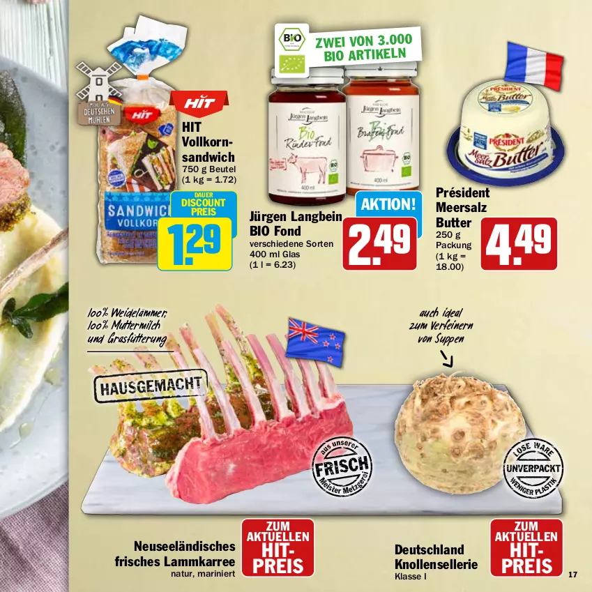 Aktueller Prospekt Hit - Feinkostbroschüre - von 24.03 bis 19.04.2025 - strona 17 - produkty: auer, beutel, bio, butter, discount, eis, elle, korn, lamm, meersalz, milch, natur, reis, salz, sandwich, suppe, suppen, Ti