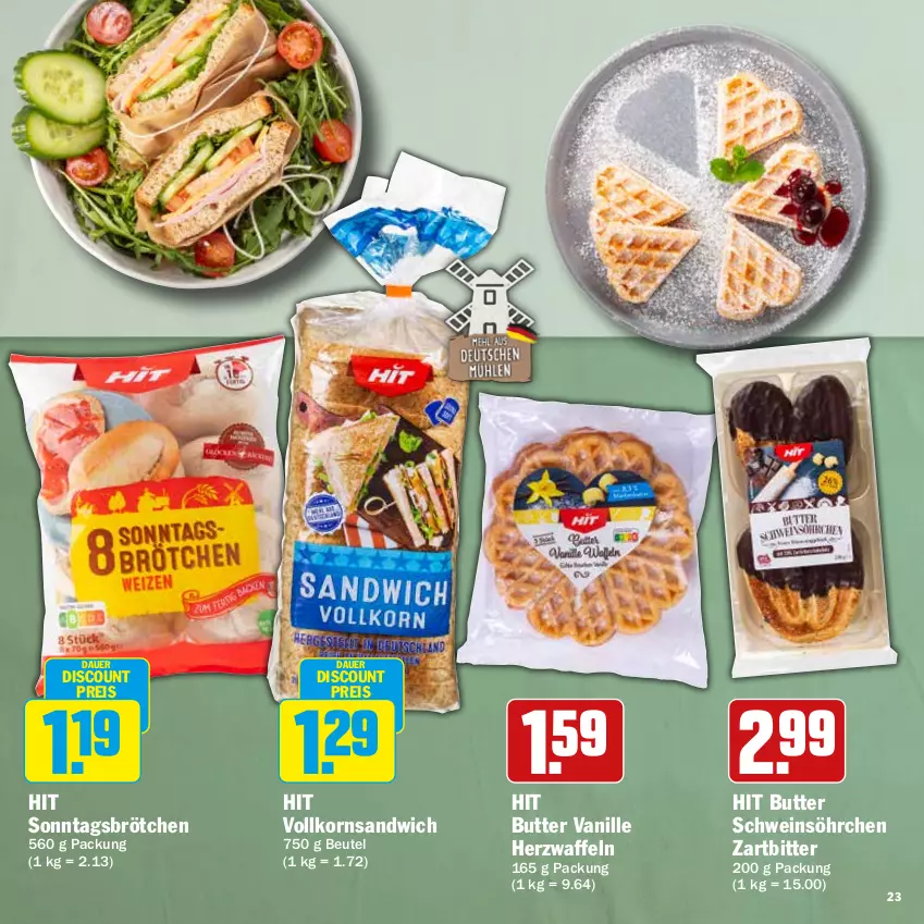 Aktueller Prospekt Hit - Feinkostbroschüre - von 24.03 bis 19.04.2025 - strona 23 - produkty: auer, beutel, brötchen, butter, discount, eis, korn, reis, sandwich, schwein, Sonntagsbrötchen, vanille, waffeln, wein