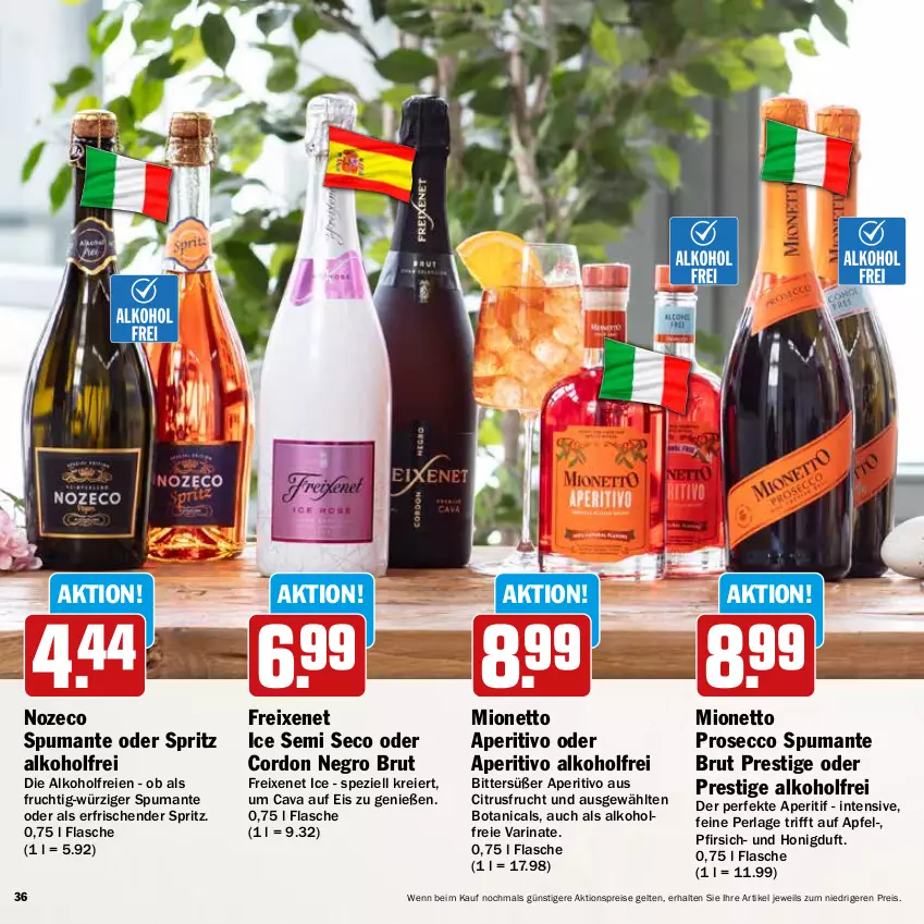 Aktueller Prospekt Hit - Feinkostbroschüre - von 24.03 bis 19.04.2025 - strona 36 - produkty: aktionspreis, alkohol, aperitif, apfel, brut, Cava, citrus, ecco, eier, eis, flasche, freixenet, frucht, honig, mionetto, perla, pfirsich, prosecco, puma, reis, Spezi, spumante, Ti