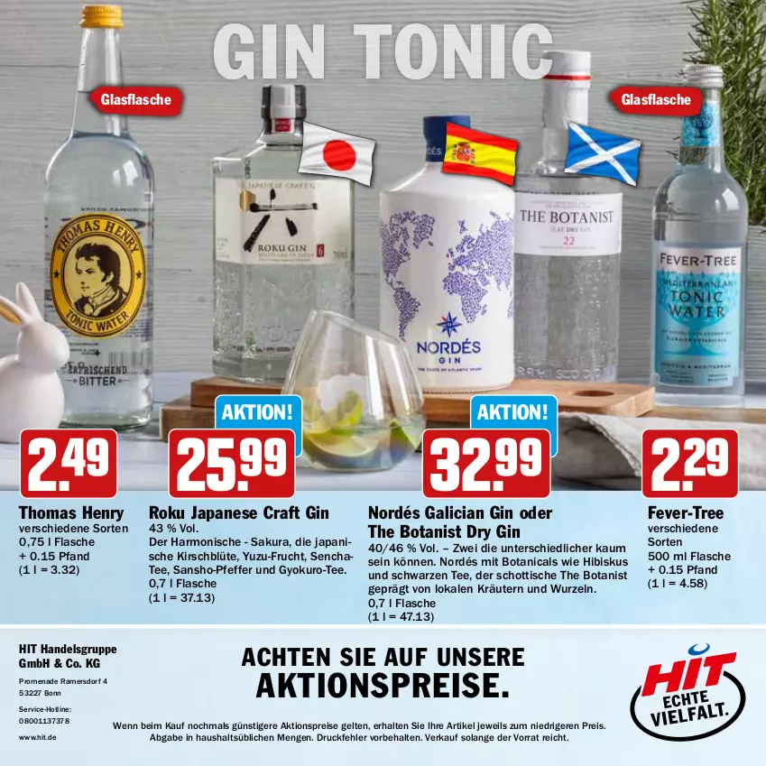 Aktueller Prospekt Hit - Feinkostbroschüre - von 24.03 bis 19.04.2025 - strona 40 - produkty: aktionspreis, Blüte, dry gin, eis, fever-tree, flasche, frucht, gin, glasflasche, kirsch, kräuter, kräutern, pfeffer, reis, schott, tee, thomas henry, Ti, tisch, tonic, Yo