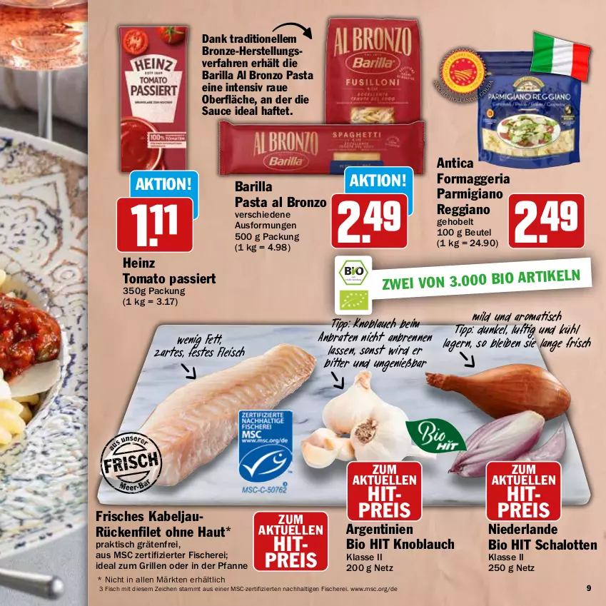 Aktueller Prospekt Hit - Feinkostbroschüre - von 24.03 bis 19.04.2025 - strona 9 - produkty: barilla, beutel, bio, bio hit, braten, eis, elle, filet, fisch, fische, Fischer, fleisch, grill, heinz, ideal zum grillen, knoblauch, parmigiano, parmigiano reggiano, pasta, pfanne, reggiano, reis, Ria, sauce, Schal, Schalotte, Schere, Ti, tisch