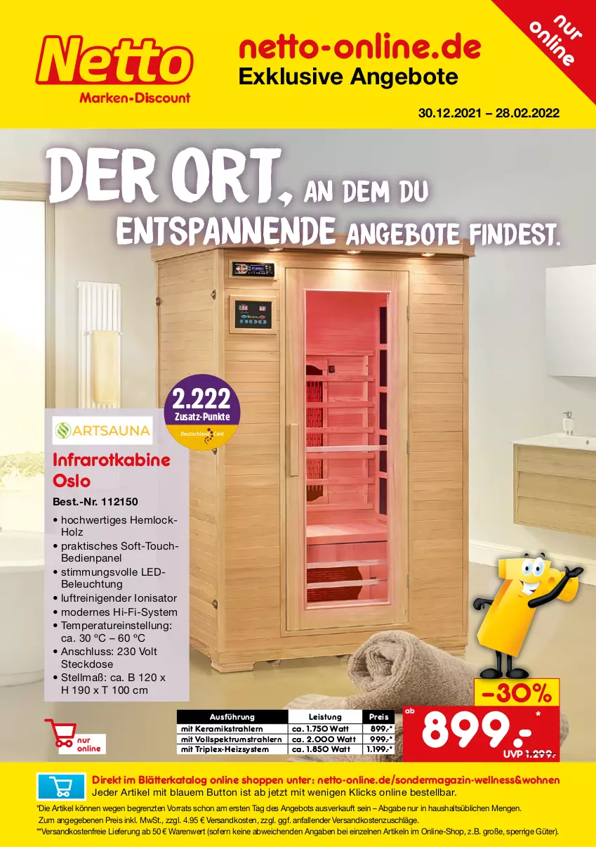 Aktueller Prospekt Netto Marken-Discount - Online-SondermagazinWellness & Wohnen - von 30.12.2021 bis 28.02.2022 - strona 1 - produkty: angebot, angebote, beleuchtung, eis, Holz, magazin, Mode, ndk, reis, rum, Spektrum, steckdose, Ti, tisch, versandkostenfrei, ZTE