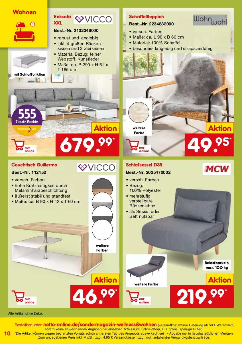 Aktueller Prospekt Netto Marken-Discount - Online-SondermagazinWellness & Wohnen - von 30.12.2021 bis 28.02.2022 - strona 10 - produkty: angebot, bett, Couch, couchtisch, eis, kissen, magazin, ndk, reis, Ria, rückenlehne, Schaffell, sessel, Sofa, teppich, Ti, tisch, versandkostenfrei, zierkissen, ZTE