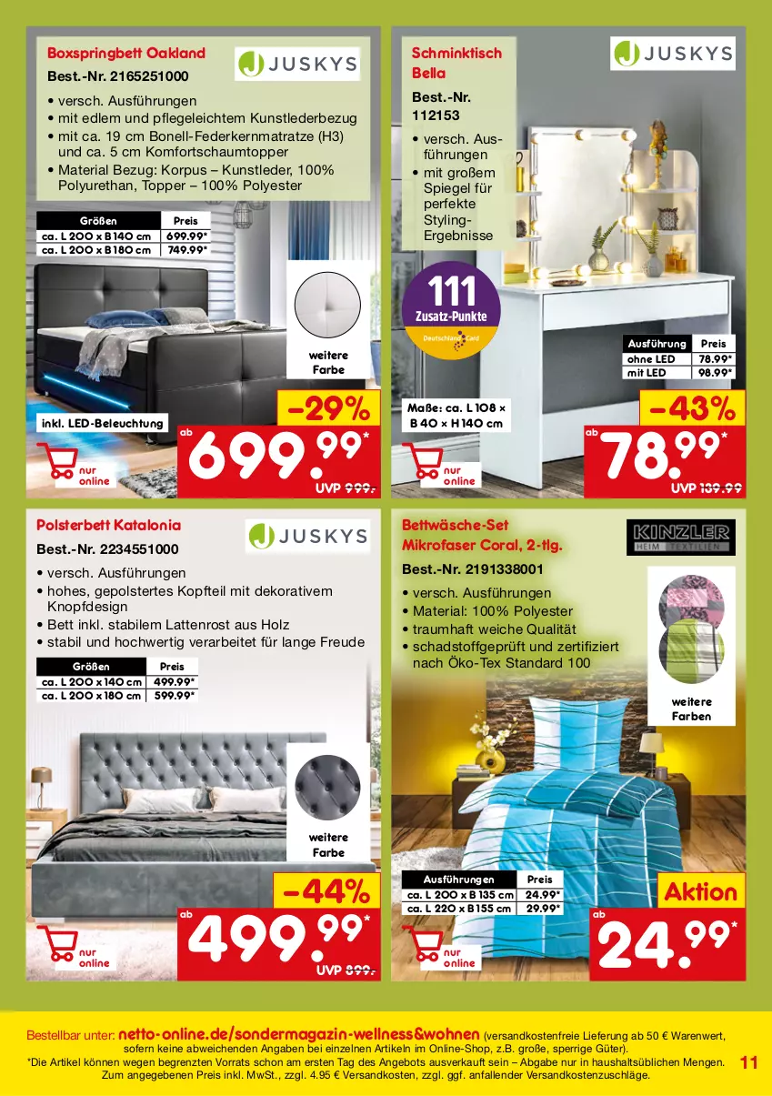 Aktueller Prospekt Netto Marken-Discount - Online-SondermagazinWellness & Wohnen - von 30.12.2021 bis 28.02.2022 - strona 11 - produkty: angebot, beleuchtung, bett, bettwäsche, boxspringbett, Coral, eis, federkern, federkernmatratze, Holz, kernmatratze, komfortschaumtopper, latte, lattenrost, led-beleuchtung, LG, magazin, matratze, mikrofaser, ndk, polsterbett, reis, Ria, ring, spiegel, Ti, tisch, topper, versandkostenfrei, ZTE