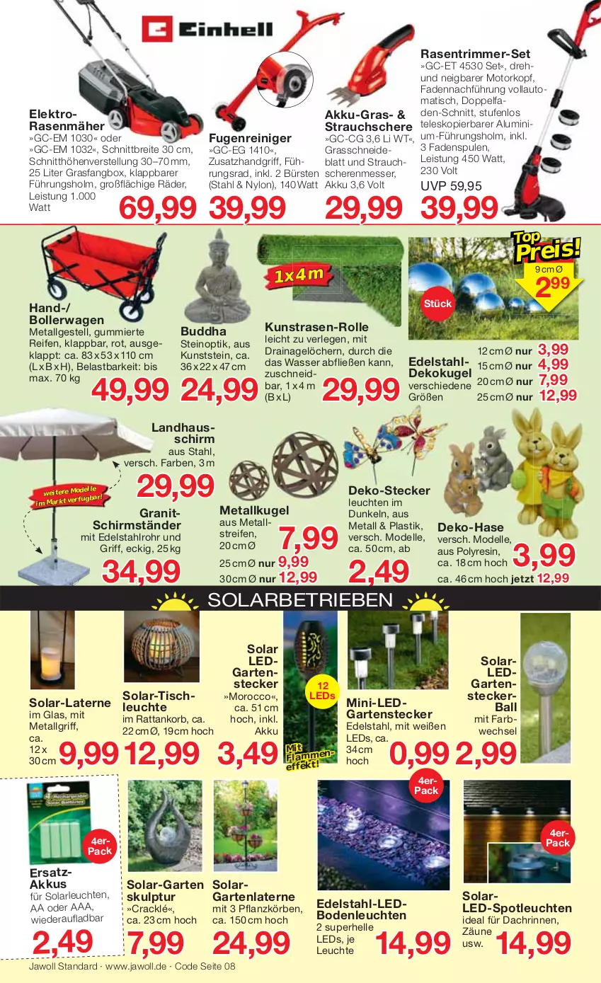 Aktueller Prospekt Jawoll - Prospekte - von 27.03 bis 02.04.2022 - strona 12 - produkty: akku, asti, auto, ball, bollerwagen, Brei, Buddha, bürste, bürsten, dell, edelstahl, eis, Elektro, elle, Garten, korb, Kugel, kunstrasen, lamm, laterne, leds, Leuchte, leuchten, LG, messer, Mode, rasen, rasenmäher, rasentrimmer, Rauch, reifen, reiniger, Schere, schirmständer, Skulptur, solarleuchte, Strauchschere, Teleskop, Ti, tisch, wasser