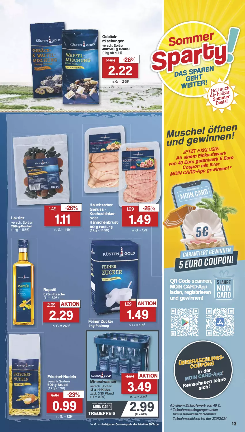 Aktueller Prospekt Famila - Prospekte - von 15.07 bis 20.07.2024 - strona 14 - produkty: Alwa, beutel, eimer, eis, flasche, frischei-nudeln, gebäckmischung, hähnchenbrust, kochschinken, Lakritz, mineralwasser, nudel, nudeln, nuss, rapsöl, reis, schinken, Ti, wasser, ZTE, zucker