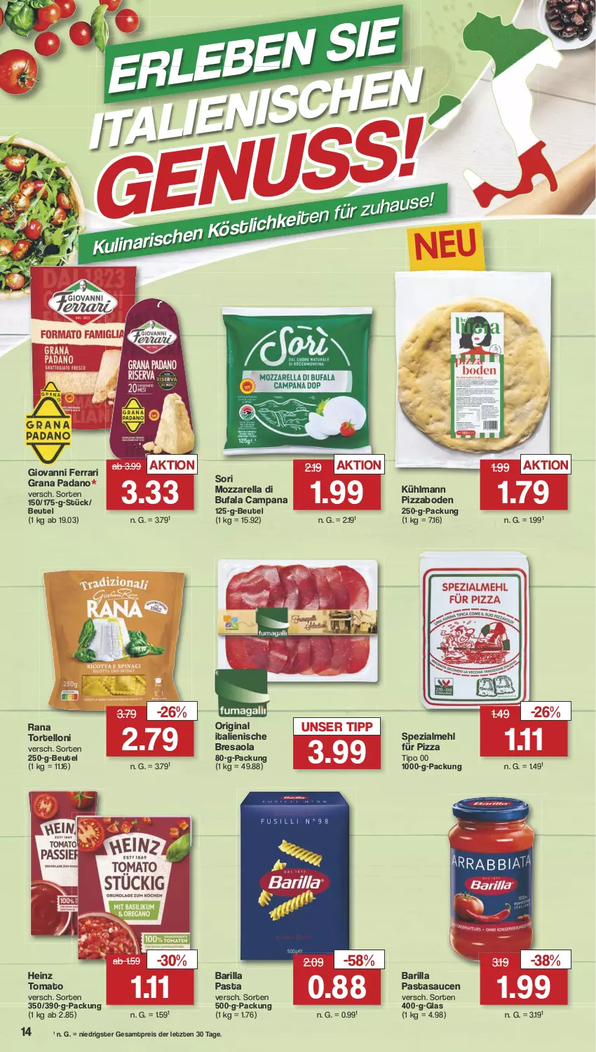 Aktueller Prospekt Famila - Prospekte - von 15.07 bis 20.07.2024 - strona 15 - produkty: barilla, beutel, Bresaola, di bufala, eis, gin, grana, grana padano, heinz, kühlmann, mehl, mozzarella, padano, pasta, pizza, Rana, reis, rel, resa, sauce, saucen, Spezi, Ti, torte, tortelloni, ZTE