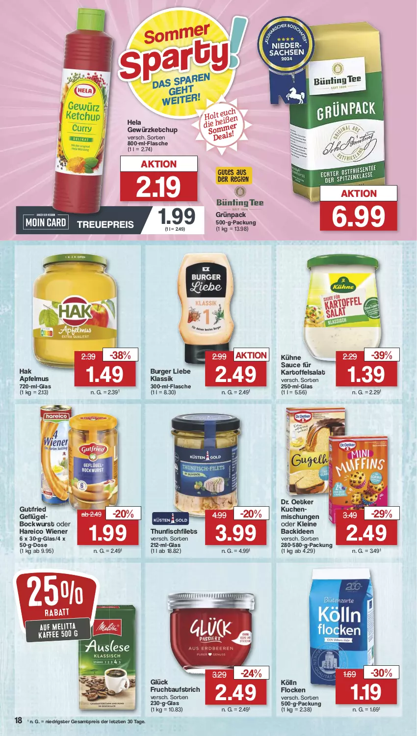 Aktueller Prospekt Famila - Prospekte - von 15.07 bis 20.07.2024 - strona 19 - produkty: apfel, apfelmus, aufstrich, bockwurst, burger, Dr. Oetker, eis, filet, filets, fisch, flasche, frucht, fruchtaufstrich, Geflügel, gewürz, gewürzketchup, gutfried, Hela, kaffee, kartoffel, kartoffelsalat, ketchup, kölln, kuchen, Kühne, leine, melitta, reis, salat, sauce, thunfisch, Ti, wiener, wurst, ZTE