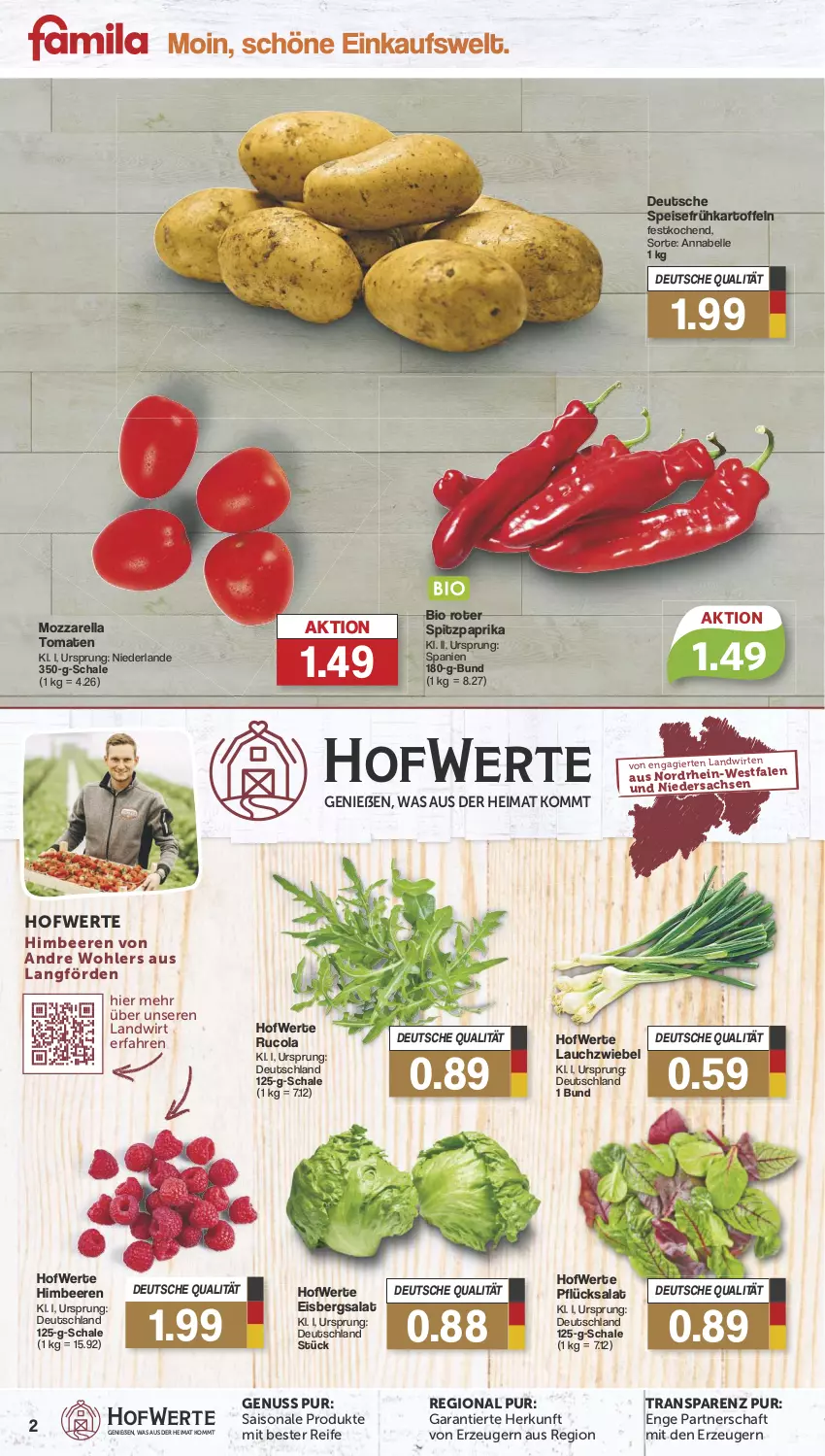 Aktueller Prospekt Famila - Prospekte - von 15.07 bis 20.07.2024 - strona 2 - produkty: beere, beeren, bio, cola, eis, eisbergsalat, elle, Frühkartoffeln, himbeer, himbeere, himbeeren, kartoffel, kartoffeln, Lauchzwiebel, mozzarella, nuss, paprika, rel, rucola, sac, salat, Schal, Schale, speisefrühkartoffeln, Spitzpaprika, Ti, tomate, tomaten, zwiebel