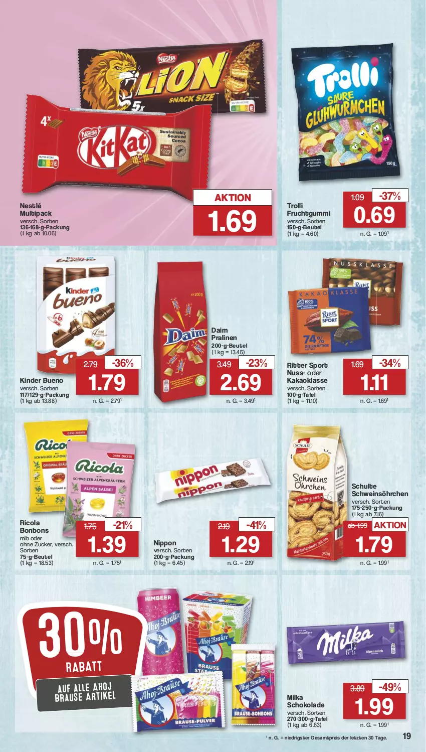 Aktueller Prospekt Famila - Prospekte - von 15.07 bis 20.07.2024 - strona 20 - produkty: beutel, bonbons, brause, cola, daim, eis, frucht, fruchtgummi, kakao, Kinder, kinder bueno, milka, milka schokolade, nestlé, nippon, nuss, pralinen, reis, Ricola, ritter, ritter sport, schoko, schokolade, schwein, Sport, Ti, trolli, trolli fruchtgummi, wein, ZTE, zucker