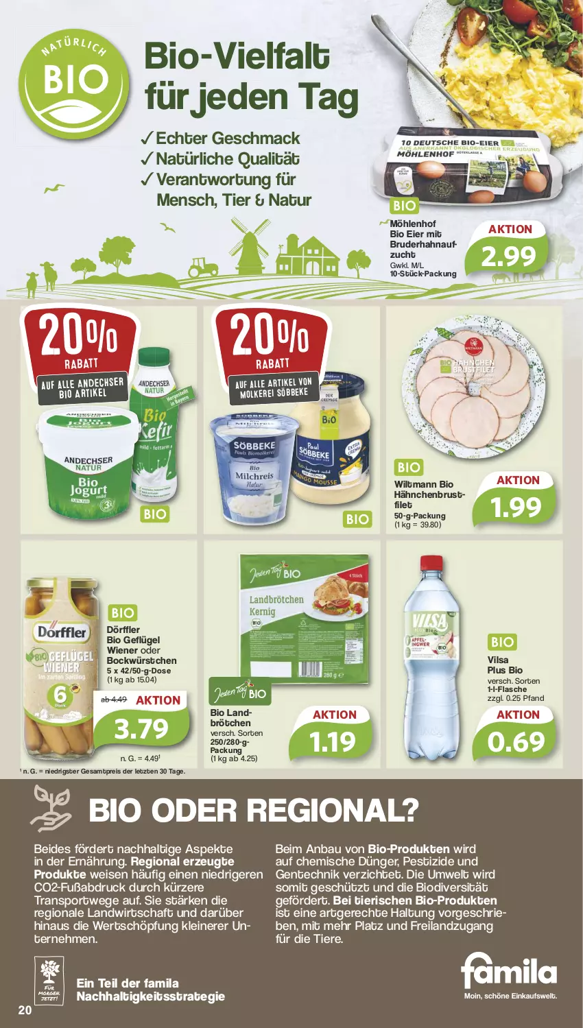 Aktueller Prospekt Famila - Prospekte - von 15.07 bis 20.07.2024 - strona 21 - produkty: Bau, bio, brötchen, brustfilet, dünger, eier, eis, ente, filet, flasche, Geflügel, hähnchenbrust, hähnchenbrustfilet, leine, mac, natur, reis, söbbeke, Sport, Ti, Tiere, vilsa, wiener, wiltmann, würstchen, ZTE