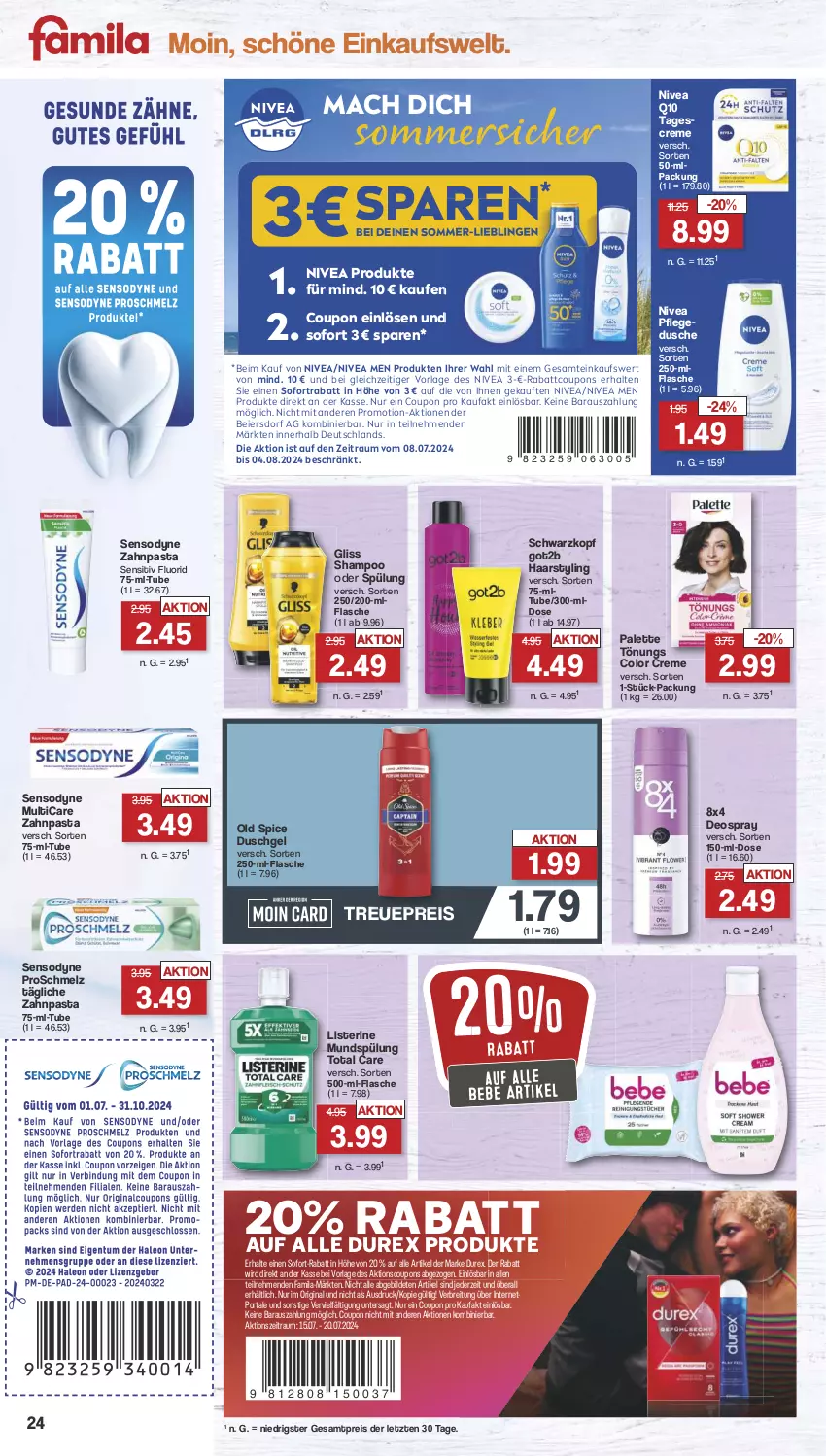 Aktueller Prospekt Famila - Prospekte - von 15.07 bis 20.07.2024 - strona 25 - produkty: Bebe, Brei, Color creme, coupon, coupons, creme, deo, deospray, Durex, dusche, duschgel, eier, eis, flasche, gin, gliss, got2b, listerine, mac, mundspülung, nivea, Nivea Men, Old Spice, Palette, pasta, pflegedusche, Q10, reis, schwarzkop, schwarzkopf, sensodyne, shampoo, shampoo oder spülung, sofort-rabatt, sofortrabatt, spülung, tagescreme, Ti, total care, zahnpasta, ZTE