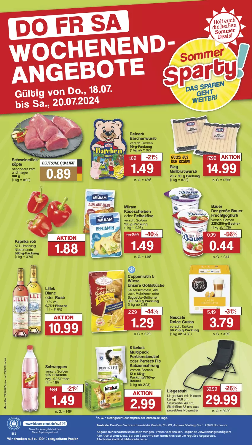 Aktueller Prospekt Famila - Prospekte - von 15.07 bis 20.07.2024 - strona 37 - produkty: auer, baguette, Bau, Bauer, Becher, beutel, bley, bratwurst, Brei, brötchen, coppenrath, dolce gusto, drucker, eis, Engel, filet, flasche, frucht, fruchtjoghurt, Goldstücke, grill, grillbratwurst, joghur, joghurt, Kaiser, Kaisersemmel, Käse, käsescheiben, katzennahrung, kerze, kissen, kitekat, korn, Liege, lillet, milram, Nescafé, papier, paprika, paprika rot, Perfect Fit, portionsbeutel, Rauch, regal, Reibekäse, reinert, reis, rwe, schwein, schweine, schweinefilet, schweppes, Semmel, Sitzhöhe, stuhl, Ti, wein, weine, wurst, ZTE