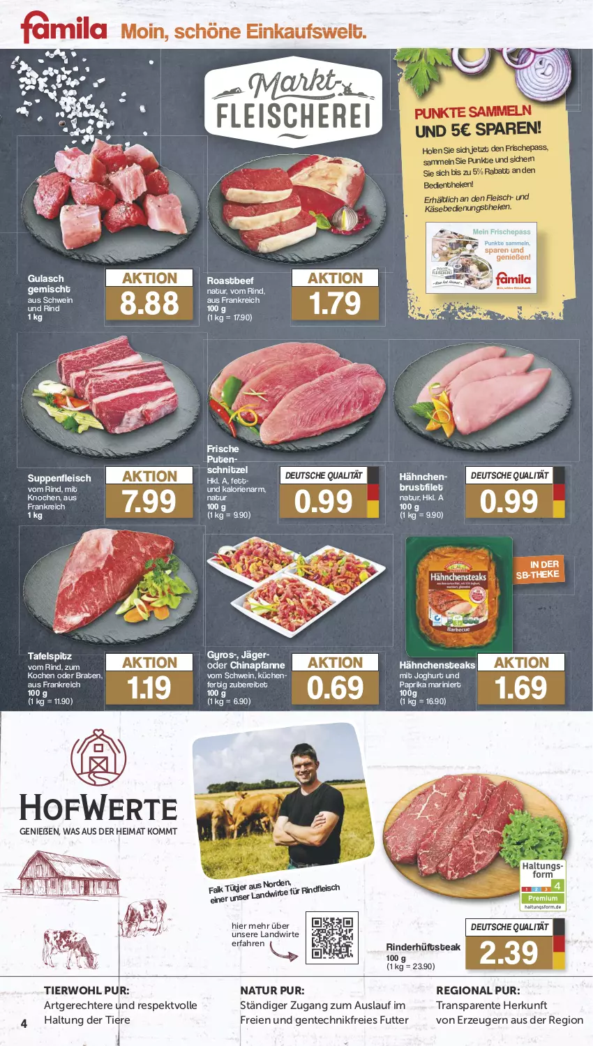 Aktueller Prospekt Famila - Prospekte - von 15.07 bis 20.07.2024 - strona 4 - produkty: beef, braten, brustfilet, eis, ente, filet, fleisch, gulasch, gyros, hähnchenbrust, hähnchenbrustfilet, Hähnchensteak, hähnchensteaks, hüftsteak, joghur, joghurt, Käse, küche, Küchen, natur, paprika, pfanne, pute, putenschnitzel, rind, rinder, rindfleisch, roastbeef, schnitzel, schwein, schwein und rind, steak, steaks, suppe, suppen, suppenfleisch, tafelspitz, Ti, Tiere, wein