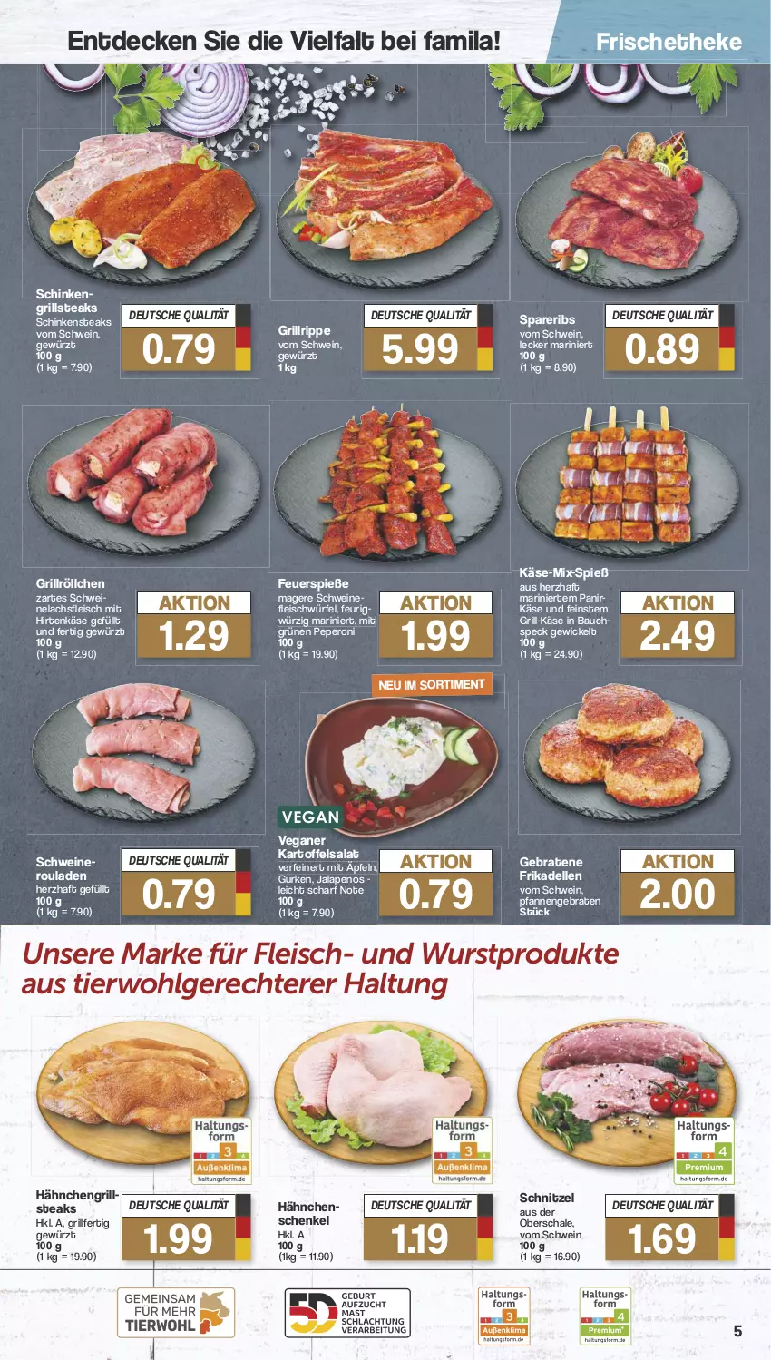 Aktueller Prospekt Famila - Prospekte - von 15.07 bis 20.07.2024 - strona 5 - produkty: Bau, braten, decke, dell, eis, elle, fleisch, frikadellen, gewürz, grill, grillrippe, gurke, gurken, hähnchenschenkel, henkel, hirtenkäse, kartoffel, kartoffelsalat, Käse, lachs, LG, nero, peperoni, Peroni, pfanne, pfannen, rouladen, salat, Schal, Schale, schenkel, schinken, Schinkensteak, schnitzel, schwein, schweine, schweinefleisch, Schweinelachs, Schweineroulade, spareribs, Speck, steak, steaks, Ti, wein, weine, WICK, würfel, wurst