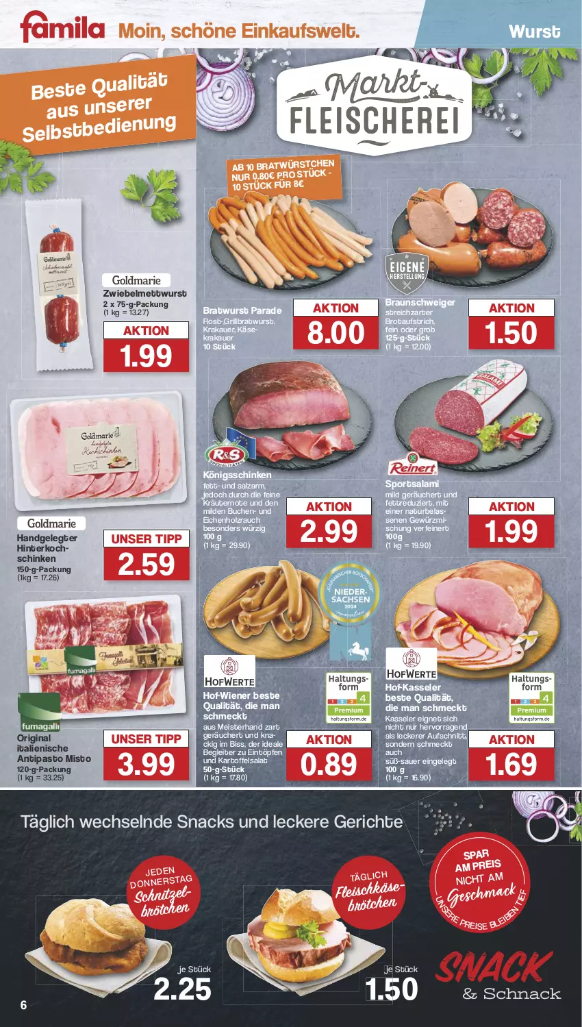 Aktueller Prospekt Famila - Prospekte - von 15.07 bis 20.07.2024 - strona 6 - produkty: auer, aufschnitt, aufstrich, bratwurst, braun, brot, brotaufstrich, brötchen, buch, eintöpfe, eis, fleisch, gewürz, Gewürzmischung, gin, grill, grillbratwurst, hinterkochschinken, Holz, kartoffel, kartoffelsalat, Käse, kasseler, kochschinken, krakauer, kräuter, kräutern, mac, Meister, Mett, mettwurst, natur, Rauch, reis, salami, salat, salz, schinken, schnitzel, snack, snacks, Sport, Streichzart, Ti, wiener, wurst, würstchen, zwiebel, zwiebelmettwurst