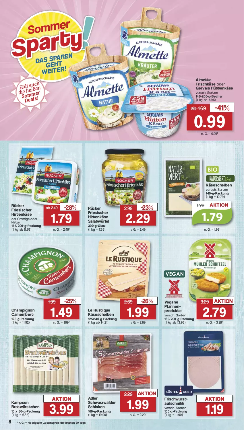 Aktueller Prospekt Famila - Prospekte - von 15.07 bis 20.07.2024 - strona 8 - produkty: almette, aufschnitt, Becher, camembert, champignon, eis, friesischer hirtenkäse, frischkäse, gervais, hirtenkäse, Käse, käsescheiben, Le Rustique, Mett, natur, pfanne, pfannen, reis, salat, Salatwürfel, schinken, schwarzwälder schinken, Ti, würfel, wurst, würstchen, ZTE