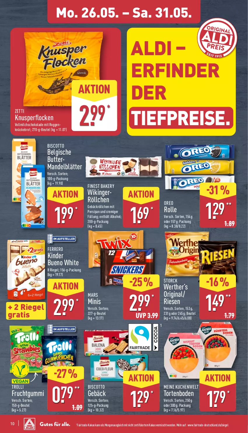 Aktueller Prospekt Aldi Nord - Von Montag - von 26.05 bis 31.05.2025 - strona 10 - produkty: aldi, alkohol, beutel, biscotto, brot, butter, eis, elle, erde, ferrero, frucht, fruchtgummi, gin, kakao, Kinder, kinder bueno, knäckebrot, Knusperflocken, kuchen, LG, mandel, mars, milch, oreo, reis, riegel, schoko, schokolade, storck, teller, Ti, tiefpreis, torte, trolli, vollmilch