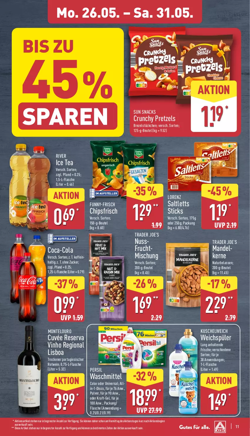 Aktueller Prospekt Aldi Nord - Von Montag - von 26.05 bis 31.05.2025 - strona 11 - produkty: beutel, brezel, chips, chipsfrisch, coca-cola, cola, cuvée, elle, flasche, frucht, funny-frisch, gin, ice tea, kraft, Kuschelweich, lorenz, mandel, monte, natur, nuss, persil, persil waschmittel, Pretzel, rotwein, saltletts, snack, snacks, Sun Snacks, teller, Ti, waschmittel, weichspüler, wein, ZTE, zucker