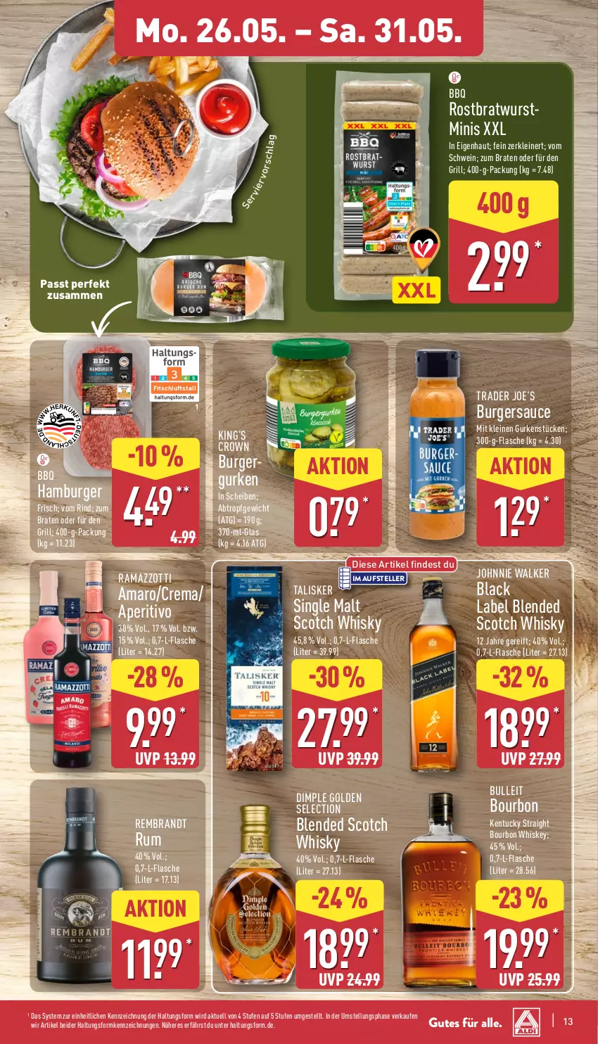 Aktueller Prospekt Aldi Nord - Von Montag - von 26.05 bis 31.05.2025 - strona 13 - produkty: amaro, bio, black label, blended scotch, blended scotch whisky, bourbon, bourbon whiskey, brandt, braten, bratwurst, burger, elle, flasche, grill, gurke, gurken, hamburger, johnnie walker, kentucky straight, lack, leine, rama, ramazzott, ramazzotti, rind, rostbratwurst, rum, sauce, schwein, scotch, scotch whisky, single malt, teller, Ti, tuc, wein, whiskey, whisky, wurst, zott