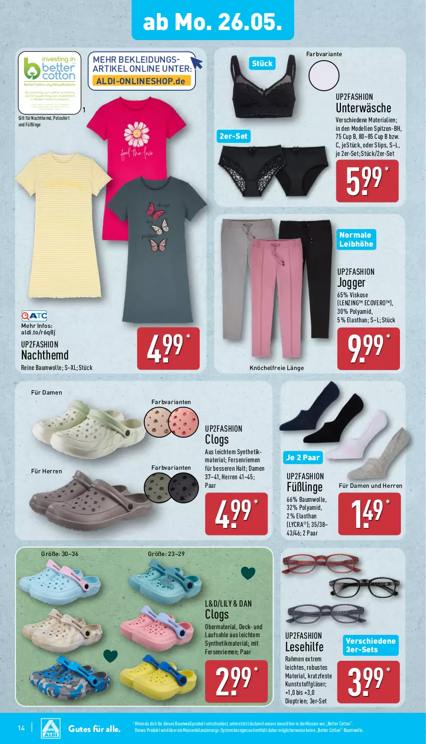Aktueller Prospekt Aldi Nord - Von Montag - von 26.05 bis 31.05.2025 - strona 14 - produkty: aldi, Bau, baumwolle, bett, Clogs, dell, ecovero, eis, elle, Füßlinge, Gläser, hemd, kleid, Kleidung, lenzing, Mode, Nachthemd, poloshirt, reine baumwolle, Ria, rwe, shirt, slip, slips, Ti, Unterwäsche, up2fashion, wolle
