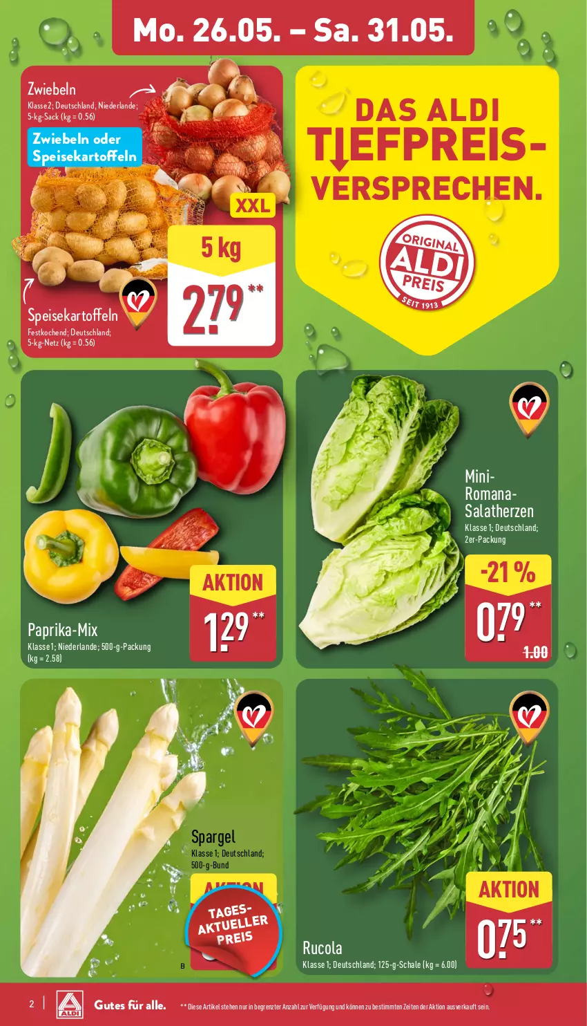 Aktueller Prospekt Aldi Nord - Von Montag - von 26.05 bis 31.05.2025 - strona 2 - produkty: aldi, cola, eis, kartoffel, kartoffeln, paprika, reis, Romanasalat, rucola, sac, salat, salatherzen, Schal, Schale, spargel, speisekartoffeln, Ti, ZTE, zwiebel, zwiebeln