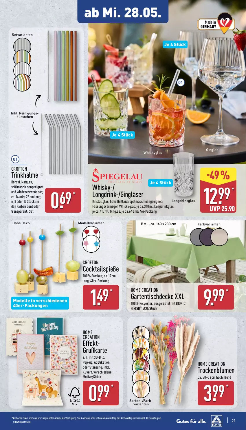 Aktueller Prospekt Aldi Nord - Von Montag - von 26.05 bis 31.05.2025 - strona 21 - produkty: bambus, bio, blume, blumen, cocktail, cocktails, Crofton, decke, dell, drink, elle, Finish, Garten, gartentisch, Germ, gin, Gläser, LG, Mode, Reinigung, Ria, rwe, spülmaschinen, Ti, tisch, tischdecke, Trinkhalme, whisky, Whiskyglas, ZTE