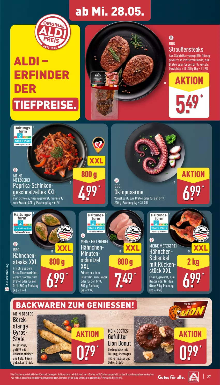 Aktueller Prospekt Aldi Nord - Von Montag - von 26.05 bis 31.05.2025 - strona 27 - produkty: aldi, backwaren, bio, braten, brustfilet, Donut, eis, feta, filet, fleisch, geback, geschnetzeltes, gewürz, grill, gyros, Hähnchenfleisch, hähnchenschenkel, Hähnchensteak, hähnchensteaks, henkel, lion, marinade, minutenschnitzel, Ofen, paprika, pfeffer, reis, schenkel, schinken, schnitzel, schwein, steak, steaks, Ti, tiefpreis, wein, Zelt