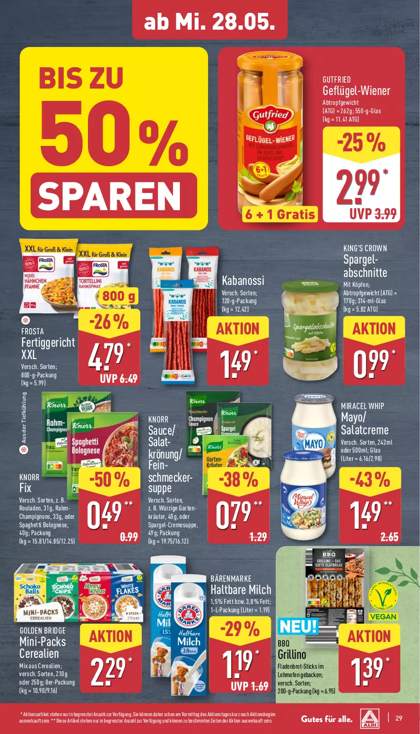 Aktueller Prospekt Aldi Nord - Von Montag - von 26.05 bis 31.05.2025 - strona 29 - produkty: aus der tiefkühlung, bärenmarke, bolognese, brot, cerealien, champignon, champignons, creme, fertiggericht, Fladenbrot, frosta, Garten, geback, Geflügel, gin, grill, gutfried, haltbare milch, kabanos, knorr, knorr fix, kräuter, milch, miracel, miracel whip, Ofen, rouladen, salat, salatcreme, sauce, spaghetti, spaghetti bolognese, spargel, suppe, Ti, wiener, Yo, ZTE