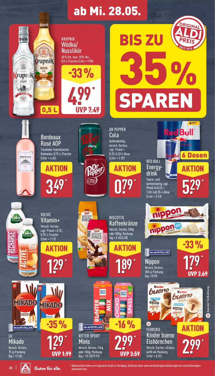 Aktueller Prospekt Aldi Nord - Von Montag - von 26.05 bis 31.05.2025 - strona 30 - produkty: aus der tiefkühlung, biscotto, cola, drink, eis, elle, ferrero, flasche, gin, hörnchen, kaffee, Kinder, kinder bueno, likör, mikado, nippon, nuss, red bull, ritter, ritter sport, roséwein, Sport, teller, Ti, vita, volvic, wein, ZTE