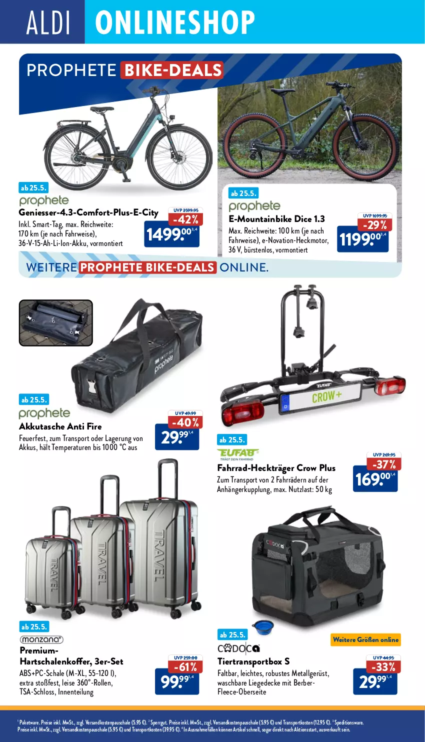Aktueller Prospekt Aldi Nord - Von Montag - von 26.05 bis 31.05.2025 - strona 34 - produkty: akku, Anhänger, bürste, bürsten, decke, eis, ente, Fahrrad, Hartschalenkoffer, Heckträger, koffer, LG, li-ion-akku, Liege, Mountainbike, ndk, prophete, reis, rwe, Schal, Schale, Sport, Tasche, Ti
